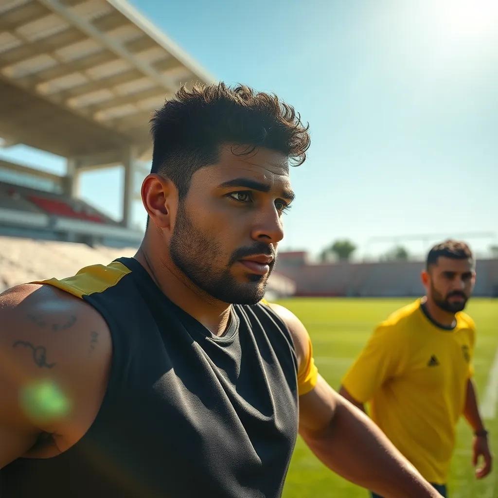 A strong football player named Rasim, with athletic build and a focused expression, training hard under the sun, with his coach Kamel watching, bright colors, inspiring mood, dynamic perspective, high quality