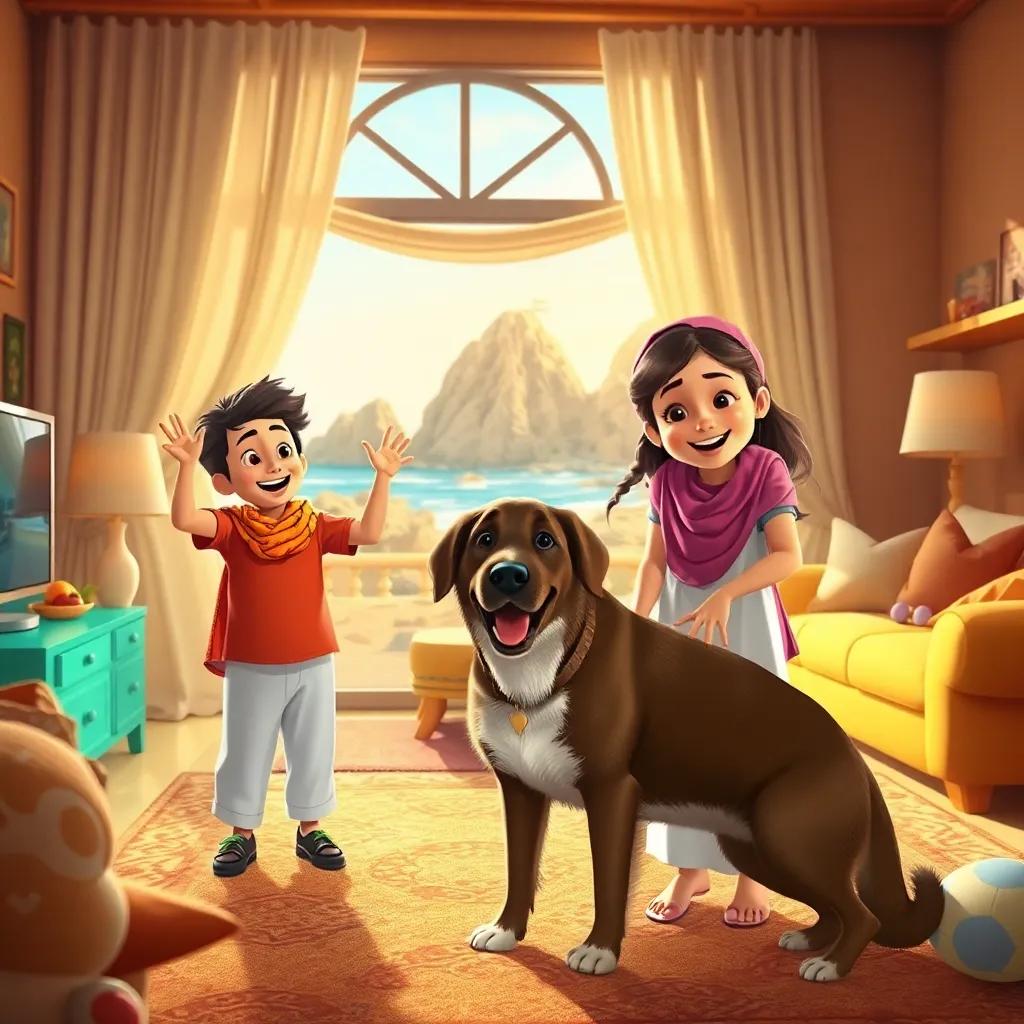 A young Arab boy, Rayan, and a girl, Sundus, both 12 years old, excitedly preparing to go to the rocky beach with their large dog, Milo, in a cozy living room filled with vibrant colors, digital art, warm lighting, joyful atmosphere, high quality