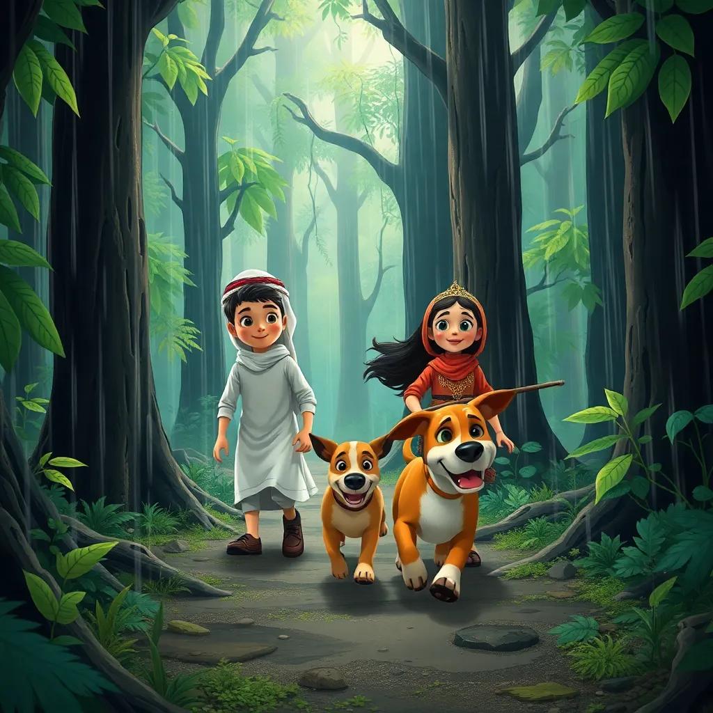 Rayan, a young Arab boy and Sundus, a young Arab girl, both 12 years old, walking through an ancient forest under heavy rain, surrounded by dark trees and vibrant green leaves, their big dog Milo playfully bounding ahead, illustration, adventurous, colorful, child-friendly
