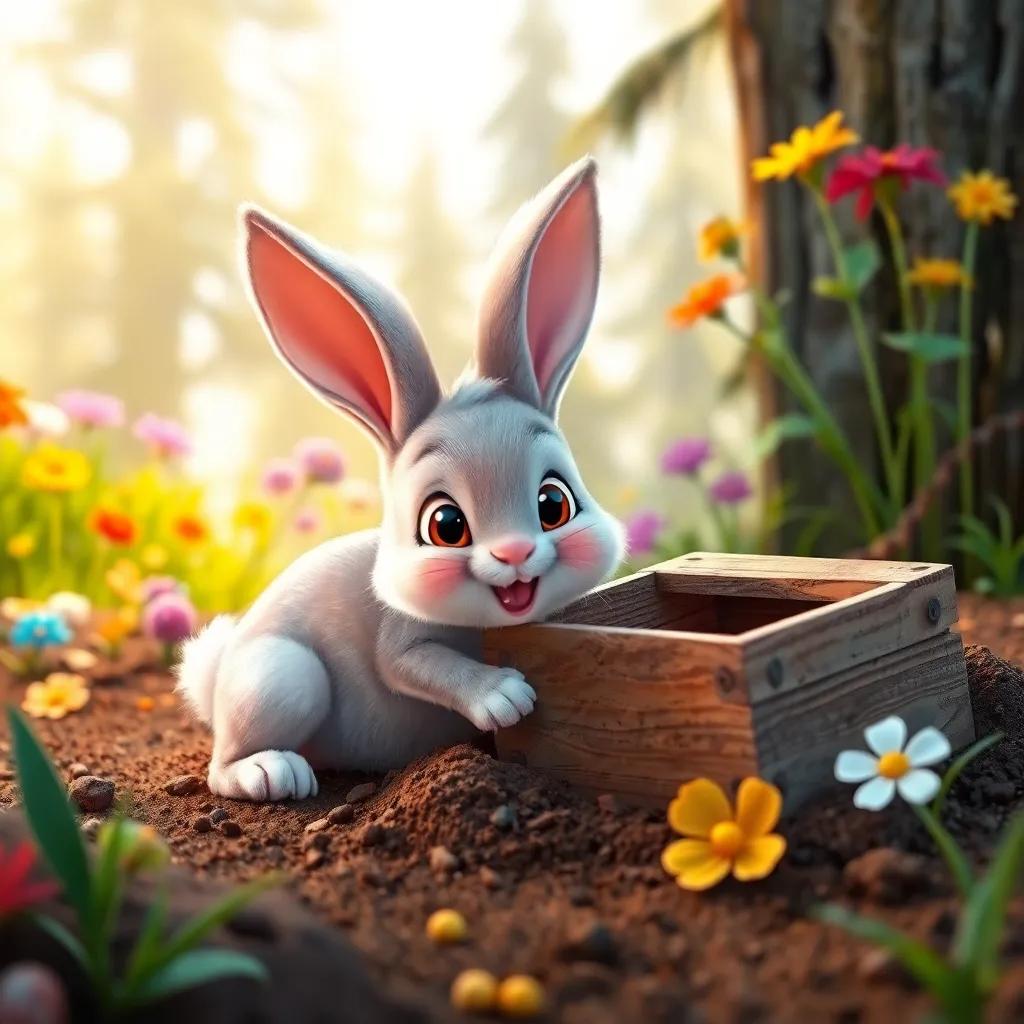 A small bunny, Risho, with soft fur and big ears, excitedly digging in the dirt beside a partially buried wooden box, surrounded by colorful flowers and tall trees, digital art, vibrant and playful colors, cheerful atmosphere, child-friendly, high quality