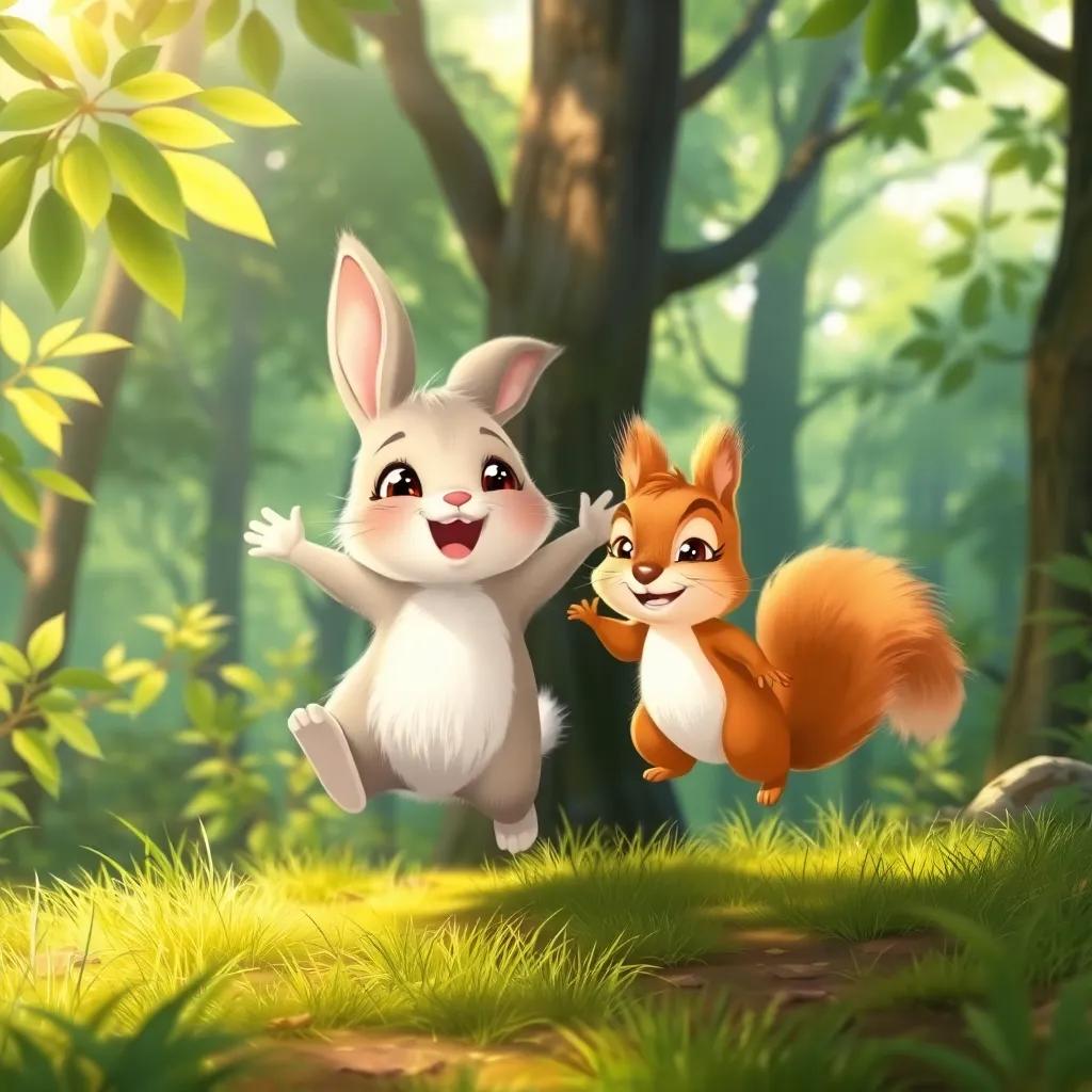 Risho, a small bunny with soft fur, cheerfully jumping with a little squirrel named Nuno, who has fluffy tail and bright eyes, in a lush green forest filled with sunlight filtering through the leaves, illustration, warm tones, uplifting vibe, adventure theme, high quality, child-safe