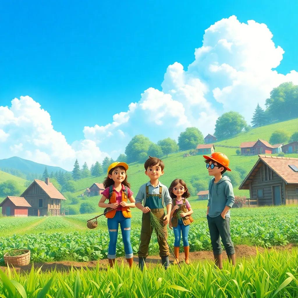 A beautiful village with a clear blue sky and green fields, young agricultural engineers working together happily, vibrant scene, digital art, sunny atmosphere, rich colors, joyful setting, high quality