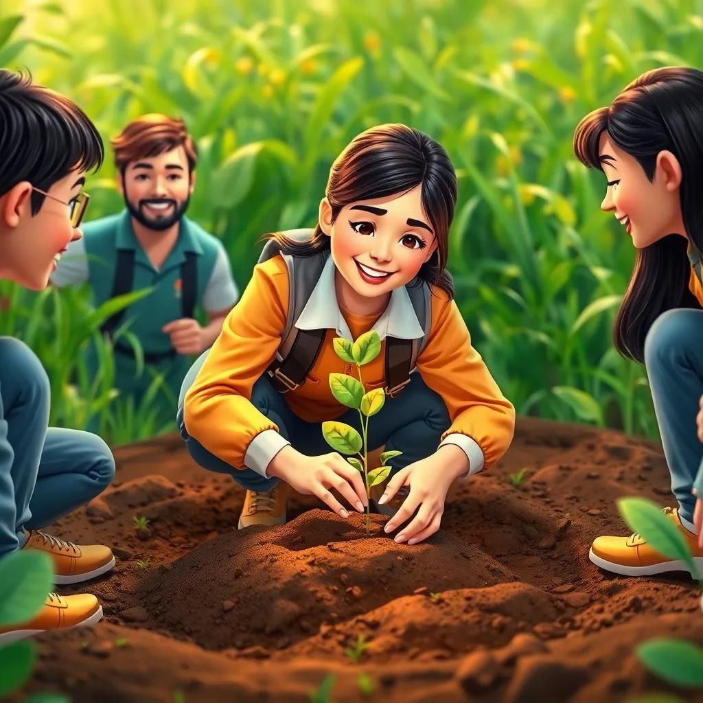 An engineer named Leila gently planting an apple tree seedling in the earth, surrounded by her excited colleagues, lush green background, detailed illustration, cheerful colors, warm light, close-up view, high quality