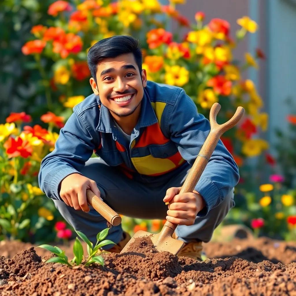 An engineer named Saeed using a shovel to prepare the soil, smiling proudly at his work, bright flowers in the background, vibrant colors, friendly atmosphere, action shot, high quality