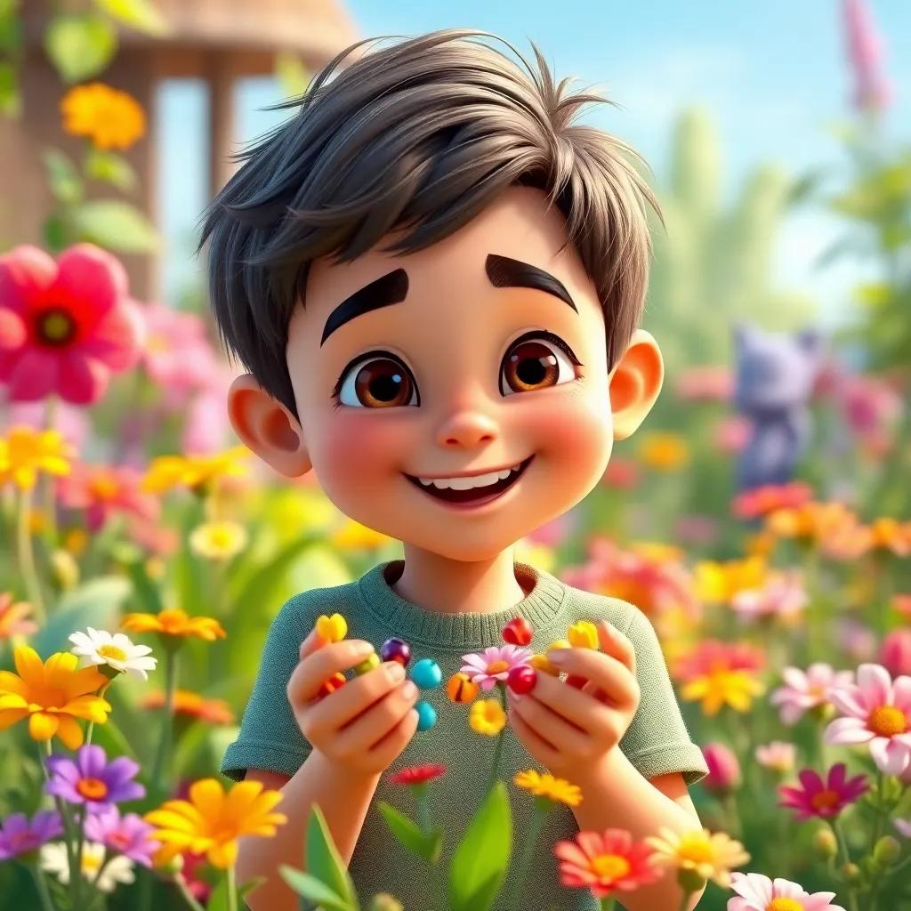 A young boy named Sami with a joyful expression, holding colorful flower seeds, surrounded by flowers and plants, bright colors, child-friendly theme, happy atmosphere, high quality