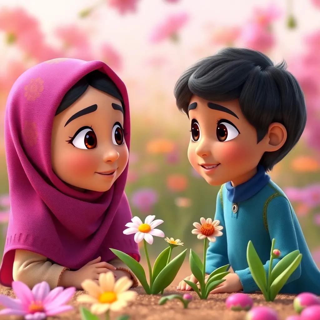 Leila asking Sami what he will tell the flowers when they grow, with inquisitive looks, playful scene, thoughtful expressions, child-friendly, vibrant colors, high quality