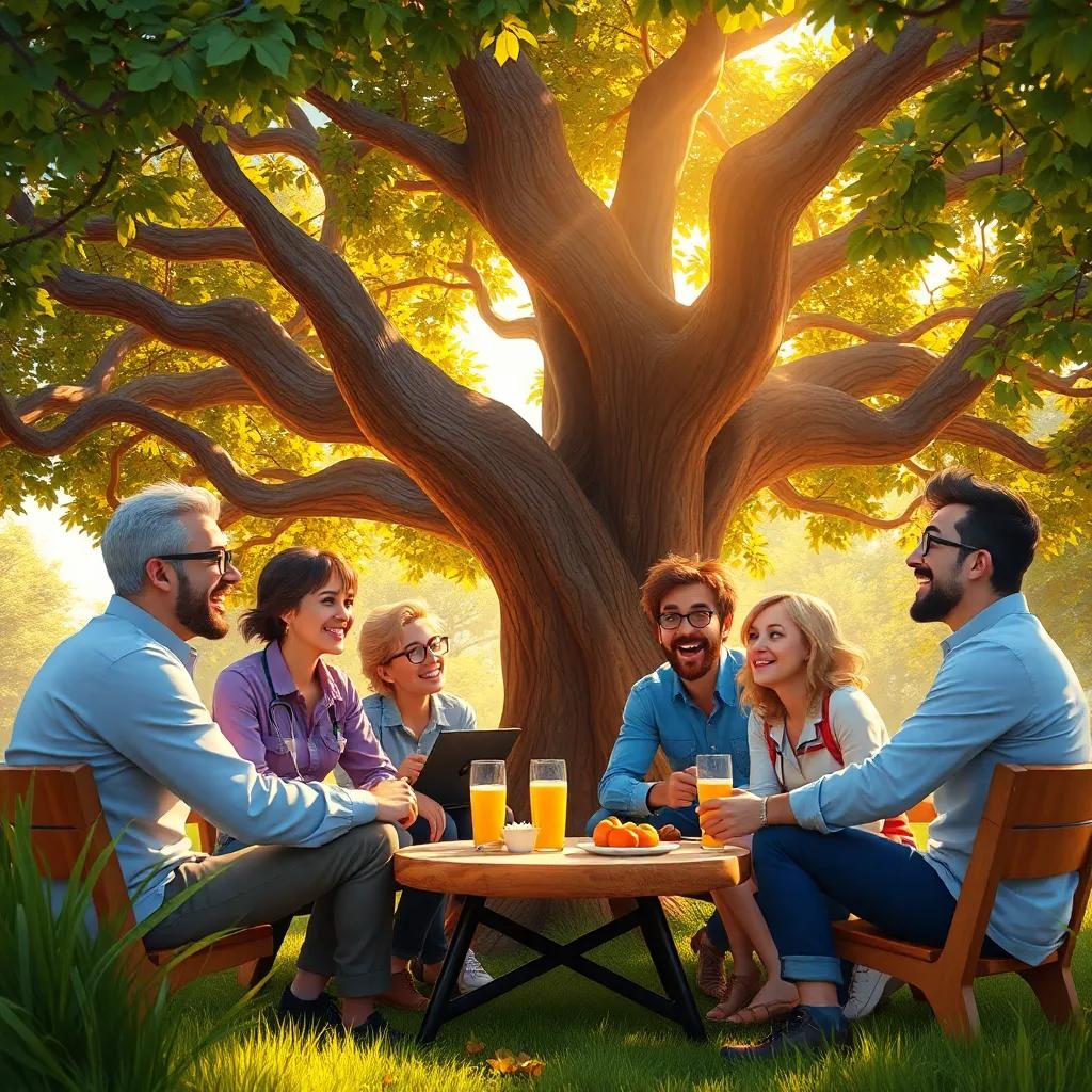 The group of engineers sitting happily under a large tree, enjoying lunch together, smiles and laughter in the air, warm sunlight filtering through the leaves, inviting atmosphere, high quality