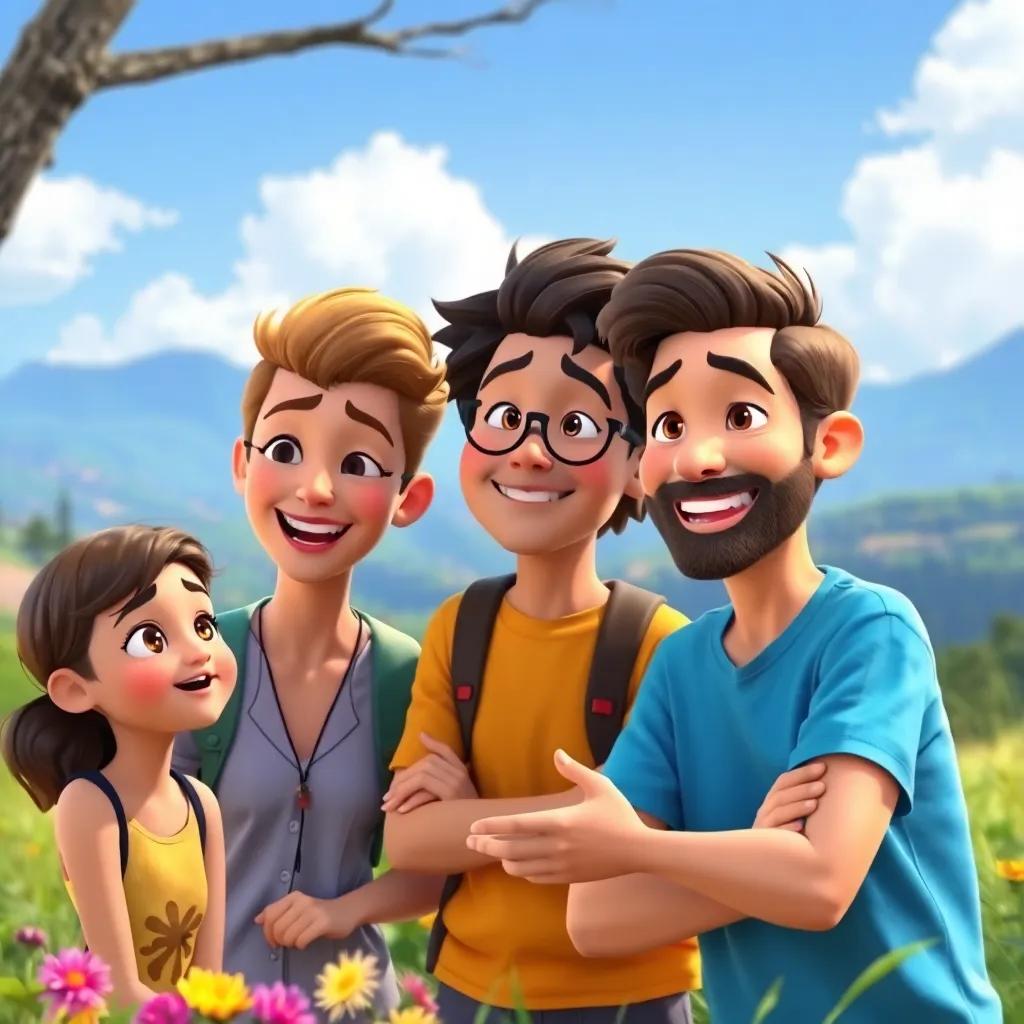 The team discussing how their work connects them to nature, with a beautiful landscape in the background, animated expressions, bright colors, joyful environment, high quality