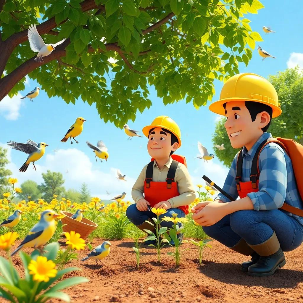 A cheerful sunny day with birds singing around the engineers who are planting seeds, nature in harmony with their efforts, lively scene, vibrant colors, idyllic atmosphere, high quality