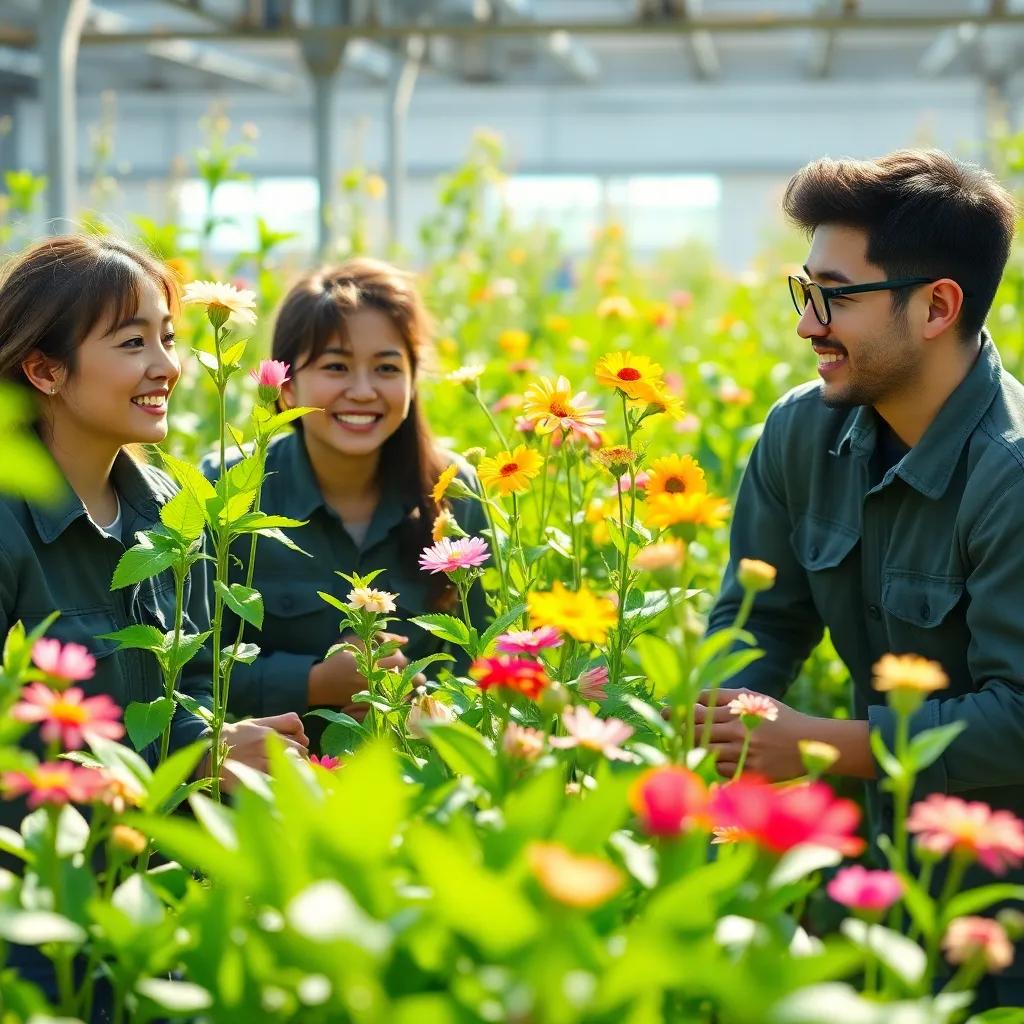 The plants and flowers blooming weeks later, the engineers marveling at their growth, smiles of success on their faces, bright green and colorful scene, rich light, cheerful atmosphere, high quality