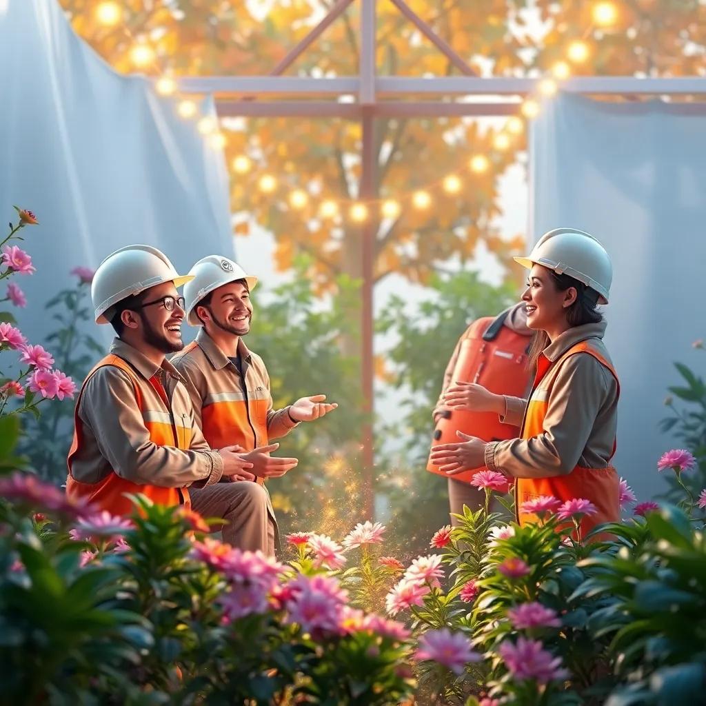 The engineers celebrating their successful project in the garden, surrounded by blooming plants, joy and teamwork shining, warm colors, festive atmosphere, high quality
