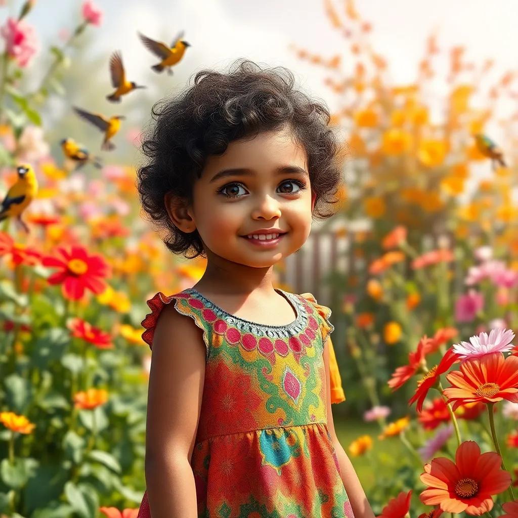 A young Arab girl, Zahra, with short, curly hair wearing a colorful dress, playing in a beautiful garden filled with flowers and singing birds, bright sunny day, cheerful atmosphere, vibrant colors, digital art, high quality