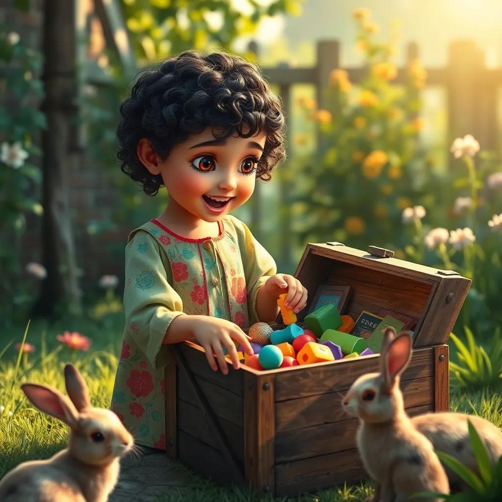 A young Arab girl, Zahra, with short, curly hair wearing a colorful dress, excitedly opening an old wooden box filled with vintage toys and colors in the garden, friendly rabbits watching, warm light, inviting scene, storytelling, digital illustration