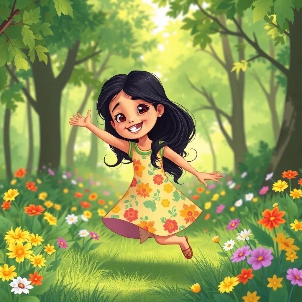 A young Arab girl, Zahra, with long dark hair, wearing a bright floral dress, playing joyfully in a sunny green forest filled with colorful flowers, cheerful atmosphere, digital art, vibrant colors, inviting scene, high quality