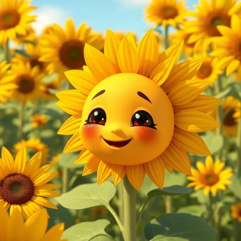 A small curious sunflower named Zahra, with vibrant yellow petals, smiling in a sunny field surrounded by other sunflowers, friendly atmosphere, cheerful and bright digital art, beautiful landscape