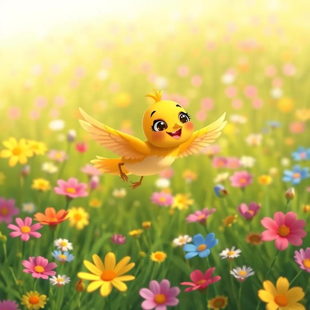 A small cheerful bird flying beside Zahra, in a beautiful meadow filled with flowers, capturing a joyful moment, colorful and vibrant, child-friendly illustration
