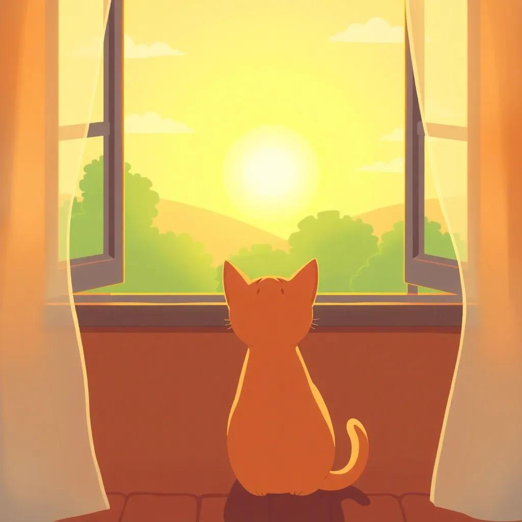 A bright morning scene with sunrise and a small cat named Zahra looking out her window, cheerful atmosphere, warm colors, digital art, inviting light, outside view, high quality