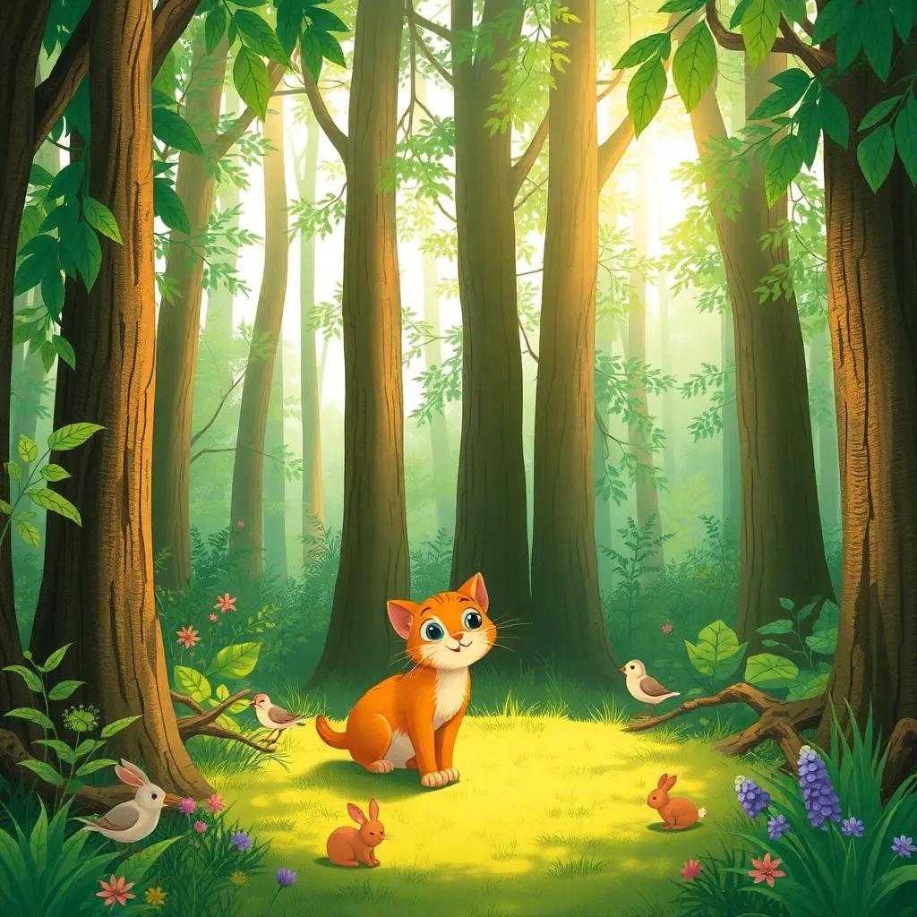 In a lush green forest with tall trees blocking sunlight, Zahra the cat cautiously exploring, curious expression, surrounded by small birds and rabbits, colorful, warm light, nature background, high quality