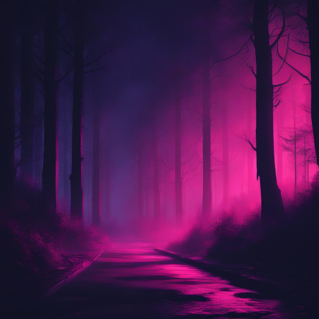 A night scene with a faint light, showing a dark street or forest, digital art, mysterious atmosphere, soft shadows, high quality