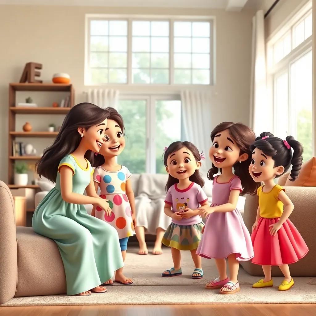 A happy and warm family scene with a mother in a cozy living room, surrounded by her three daughters: Mariam, a 13-year-old girl with long hair, wearing a colorful dress; Jouri, a 10-year-old girl with short curly hair in a fun t-shirt; Sara, a 6-year-old girl with pigtails wearing a bright skirt. They are laughing and playing together in a beautiful spacious house with lots of natural light, digital art, cheerful atmosphere, vibrant colors, family-friendly, high quality