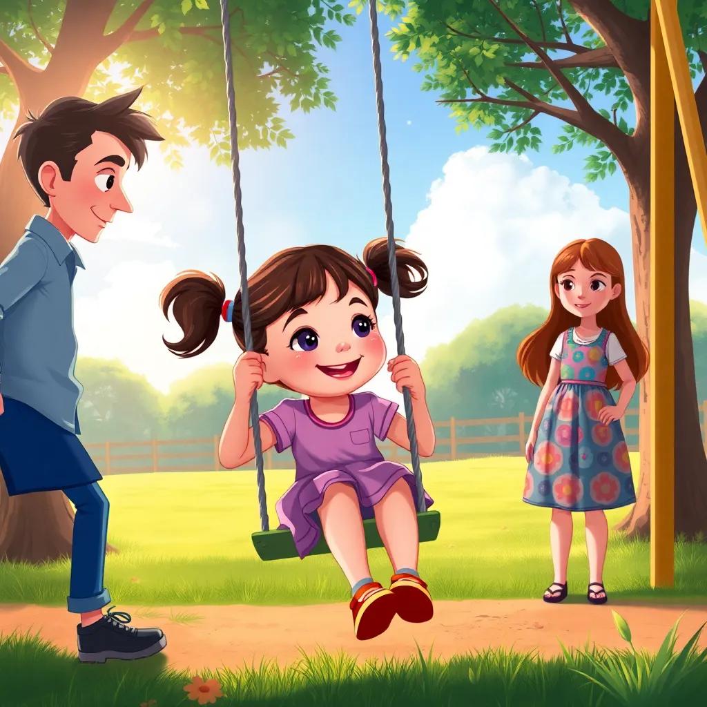 A vibrant park scene with Sara, a 6-year-old girl with pigtails, happily playing on a swing under the bright sky. A stranger, depicted with a mysterious look, approaching her with a friendly smile. In the background, Marium, a 13-year-old girl with long hair in a colorful dress, watches with concern, illustration, dramatic perspective, colorful and engaging, child-friendly.