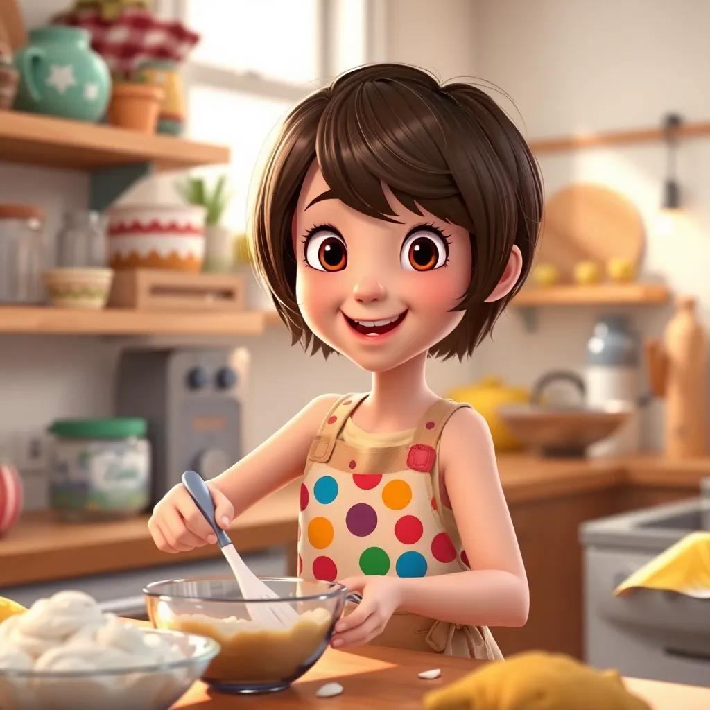 A young girl, Sara, with short brown hair wearing a colorful apron, excitedly mixing ingredients in a bright kitchen, surrounded by baking supplies, cheerful atmosphere, digital art, vibrant colors, warm light