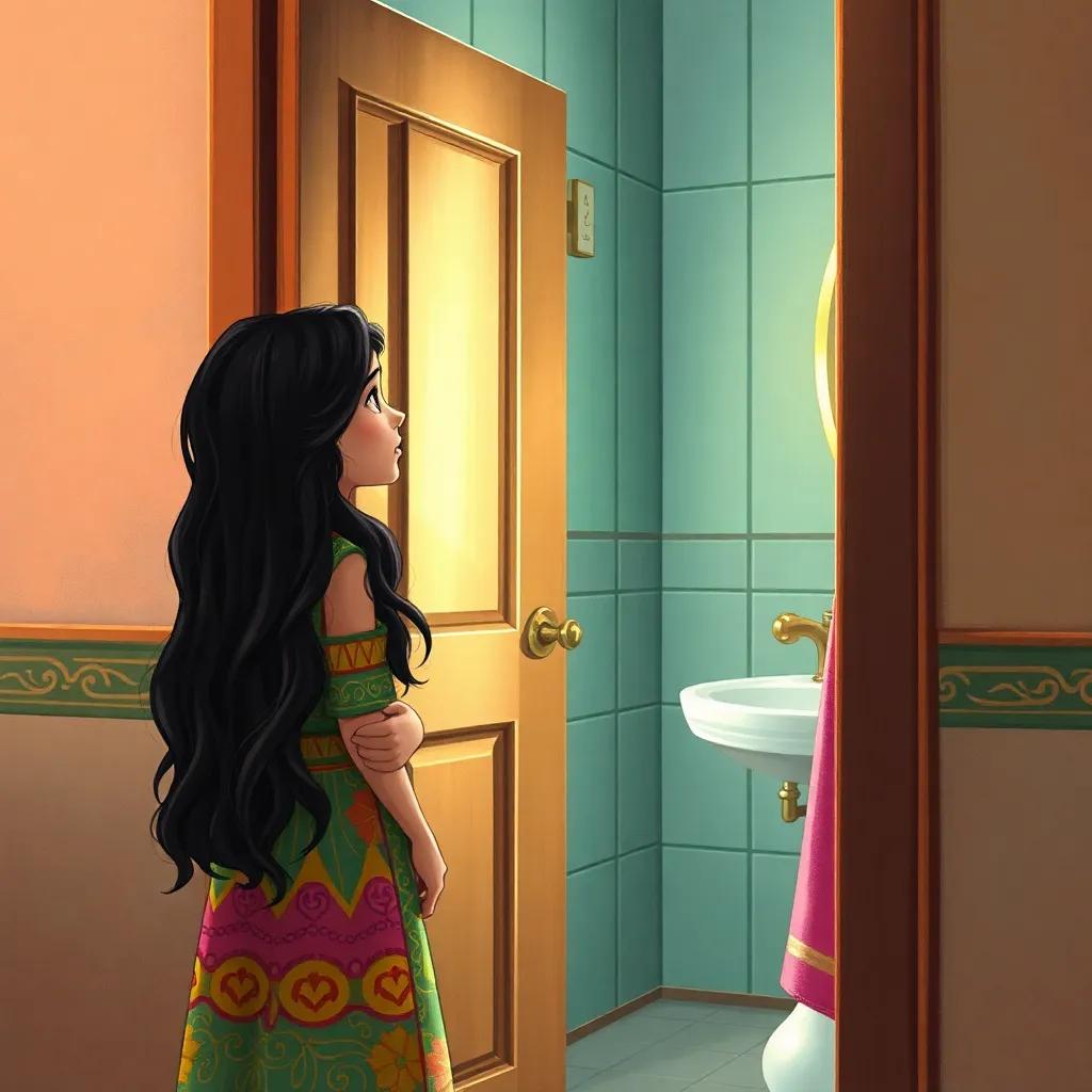 Sarah, a young Arab woman with long dark hair in a colorful dress, standing outside a bathroom door looking concerned, listening carefully, light streaming in, bright atmosphere, child-friendly illustration, high detail