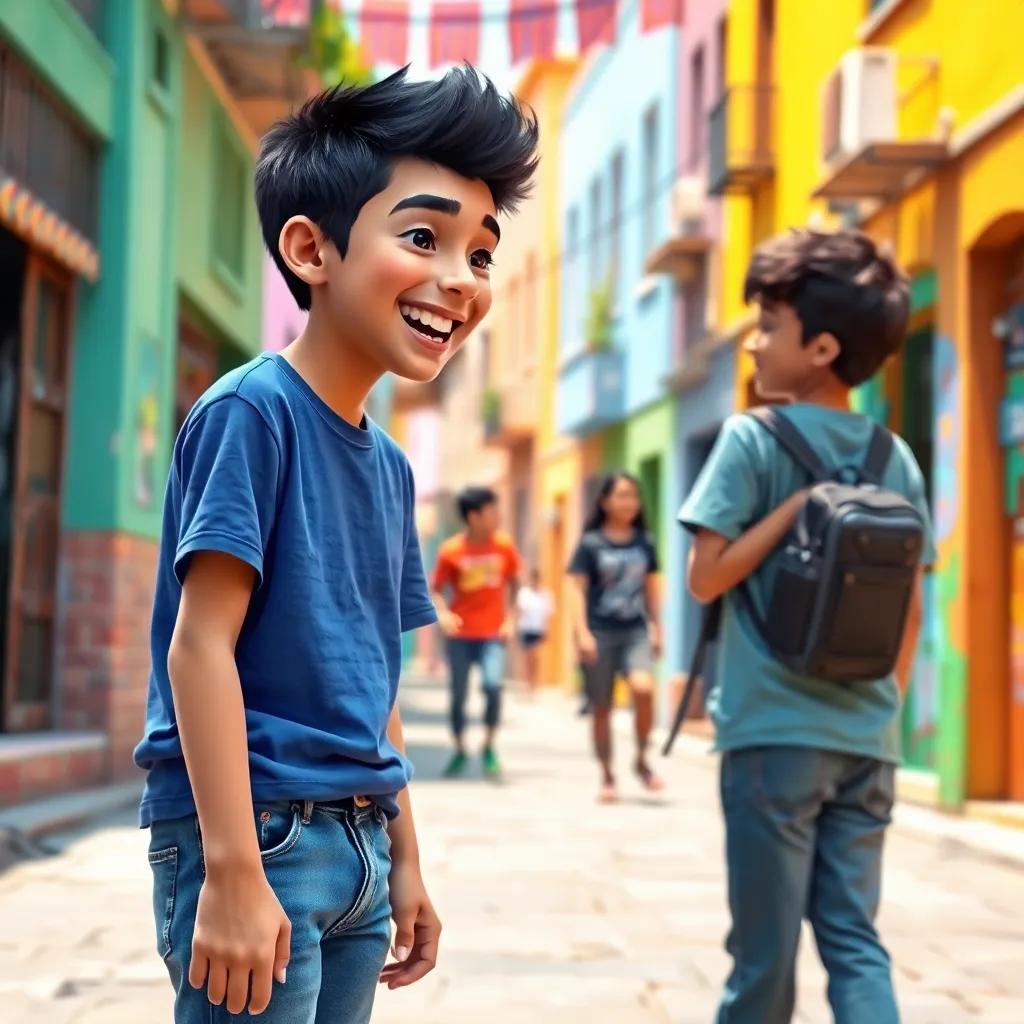 A young Arab boy, Yazan, with short black hair, wearing a blue t-shirt and jeans, laughing with his friends in a vibrant neighborhood, street view, colorful walls, cheerful atmosphere, high quality