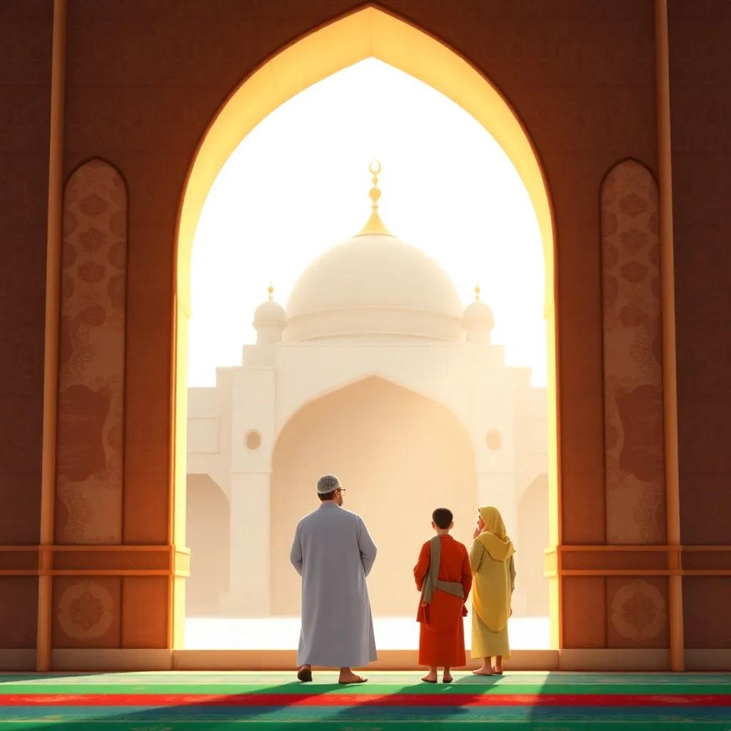 A charming view of a mosque, with Yazan and his friends standing outside, wearing traditional clothes, light streaming into the window, peaceful, warm light, family friendly, high quality