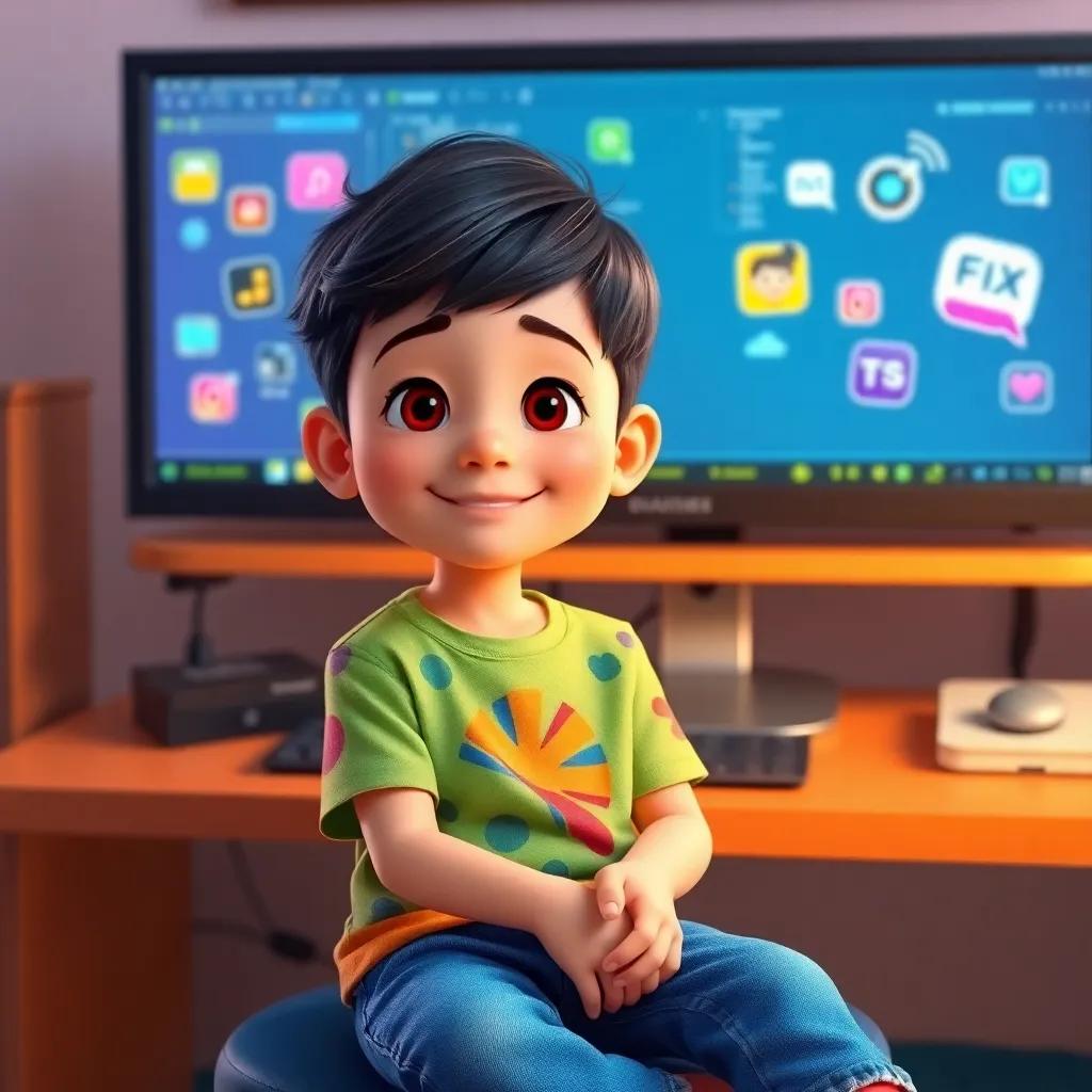 A young boy, سالم, with short dark hair, wearing a colorful t-shirt and jeans, sitting in front of a computer screen with fun icons of the internet around him, cheerful atmosphere, digital art, vibrant colors, engaging perspective, high quality