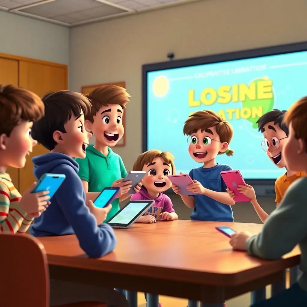 A group of children, including سالم, excitedly discussing in a classroom, with tablets in hand and a bright interactive board showing positive online behavior, warm light, collaborative scene, colorful, detailed