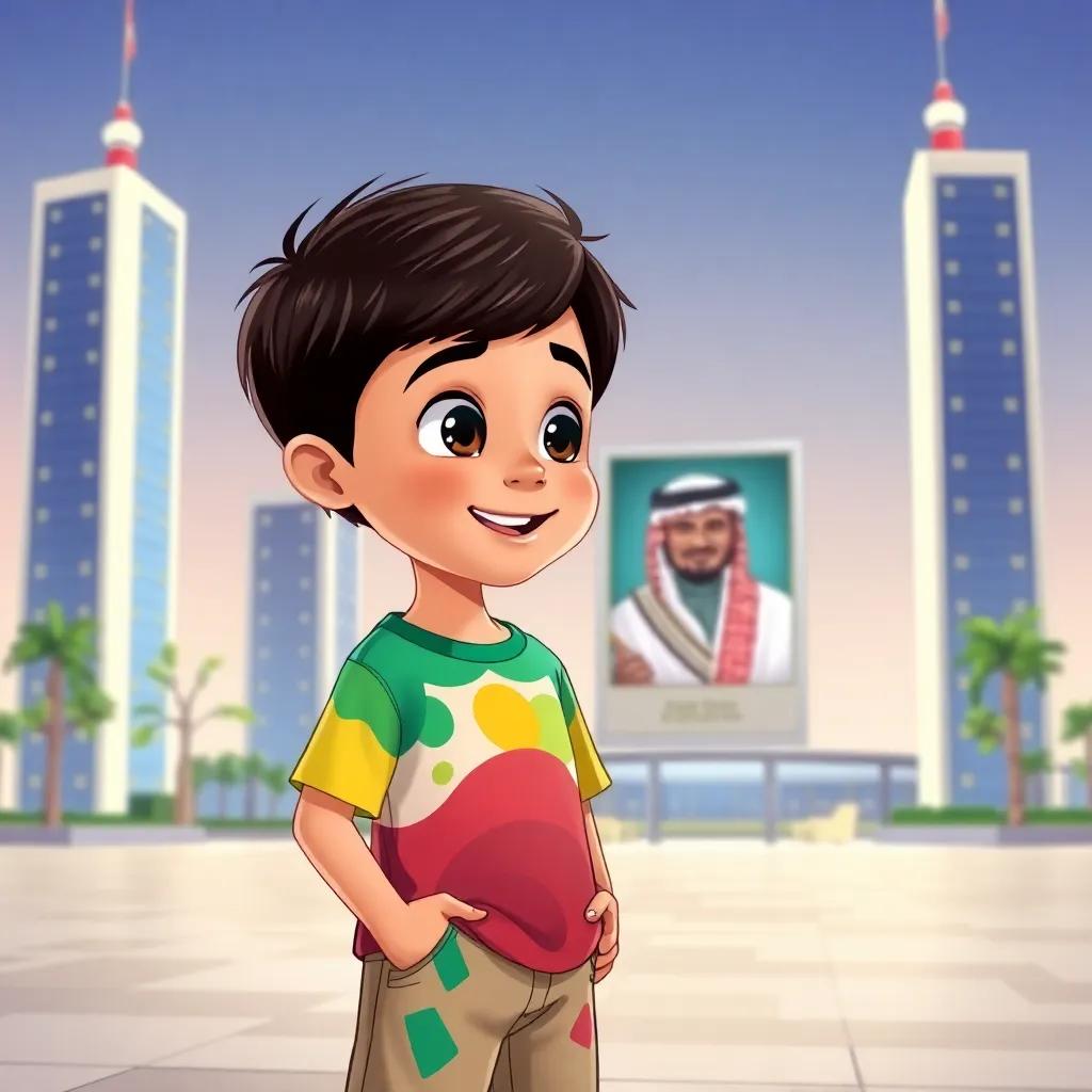 A young Kuwaiti boy, Salem, with dark hair wearing a colorful t-shirt and shorts, standing excitedly in front of the Kuwait Towers, looking at a picture of the Amir of Kuwait, Sheikh Mishal Al-Ahmad Al-Jaber Al-Sabah, illustrated, vibrant colors, cheerful atmosphere, high quality