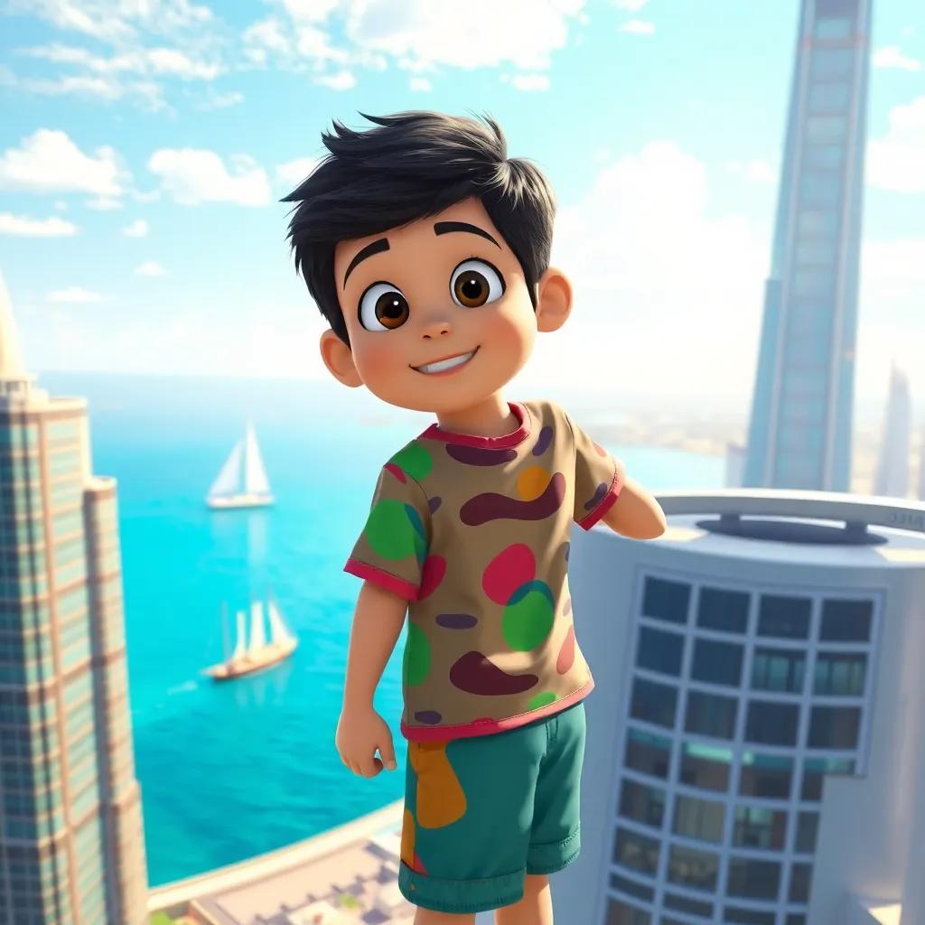Salem, a young Kuwaiti boy with dark hair in a colorful t-shirt and shorts, looking out excitedly from the top of Kuwait Towers, viewing a sailboat on the blue sea, bright sunshine and clear skies, digital art, lively setting, child-friendly