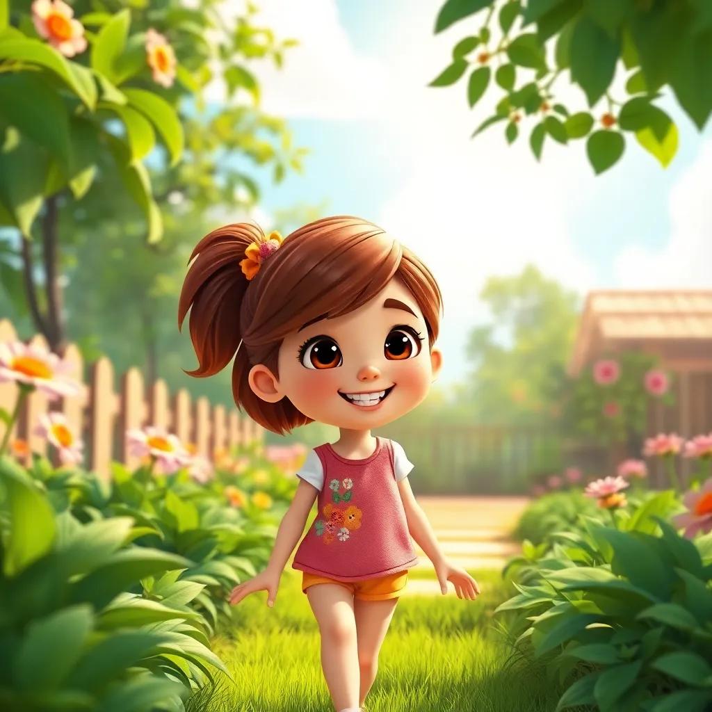 A young girl, Sally, with brown hair and a bright smile, walking through her green garden under a sunny sky, cheerful atmosphere, digital art, vibrant colors, inviting scene, high quality