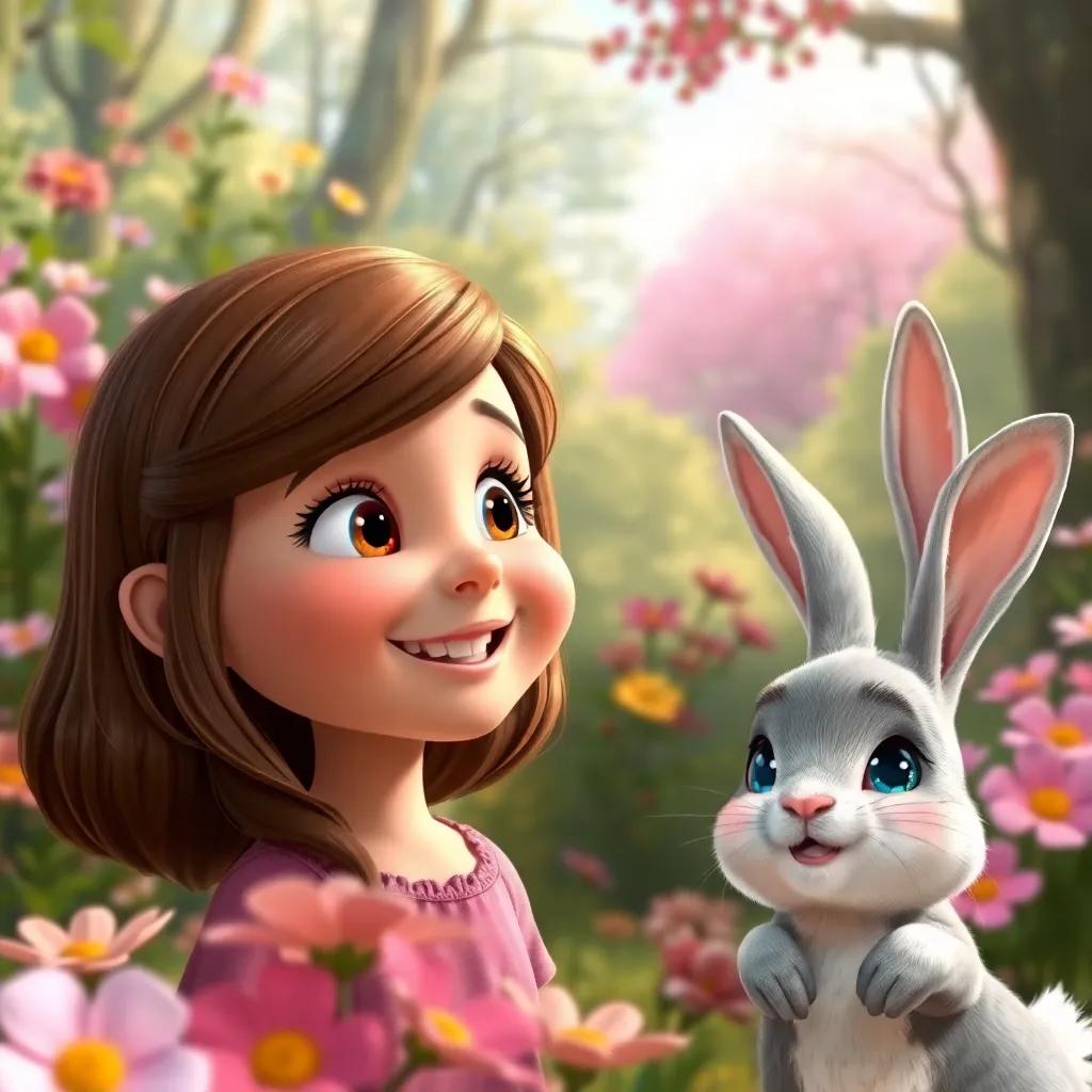 A beautiful forest setting with colorful flowers and lush greenery, with Sally, a young girl with brown hair and a bright smile, looking amazed, friendly rabbit Slaim with shiny eyes appears beside her, joyful atmosphere, detailed, child-friendly
