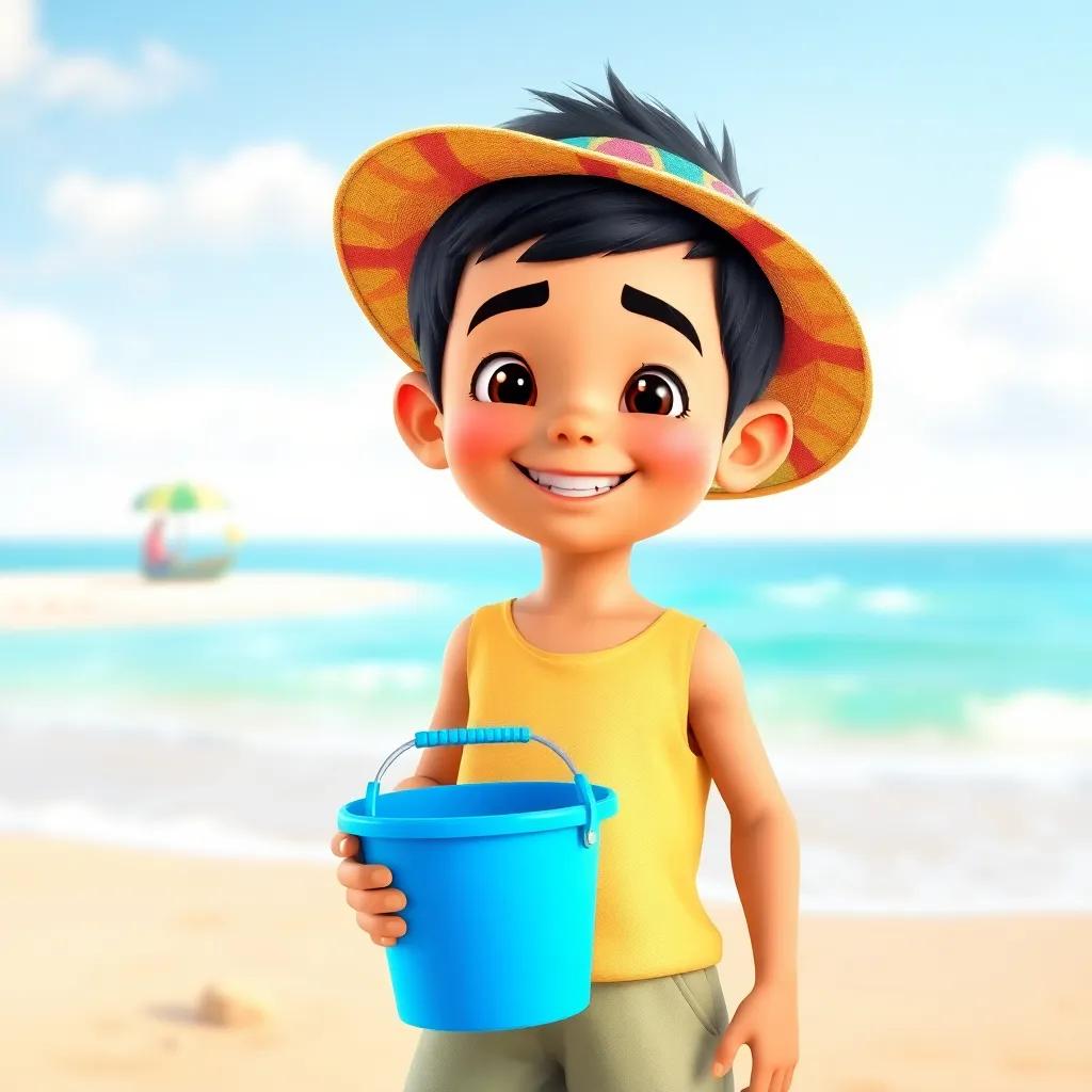 A young Arab boy named Sami with short black hair wearing a colorful sun hat, standing on a bright sunny beach holding a bucket and shovel, smiling with excitement, digital art, vibrant colors, cheerful atmosphere, high quality