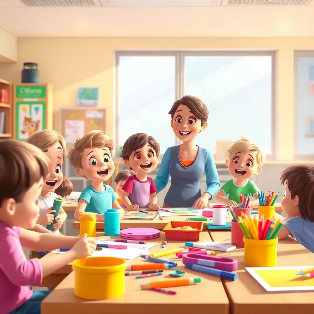 A classroom filled with children excitedly preparing their art supplies, a smiling teacher explaining a fun field trip, colorful art supplies scattered on the desks, bright sunlight streaming through the windows, cheerful and vibrant atmosphere, digital art, child-friendly, high quality