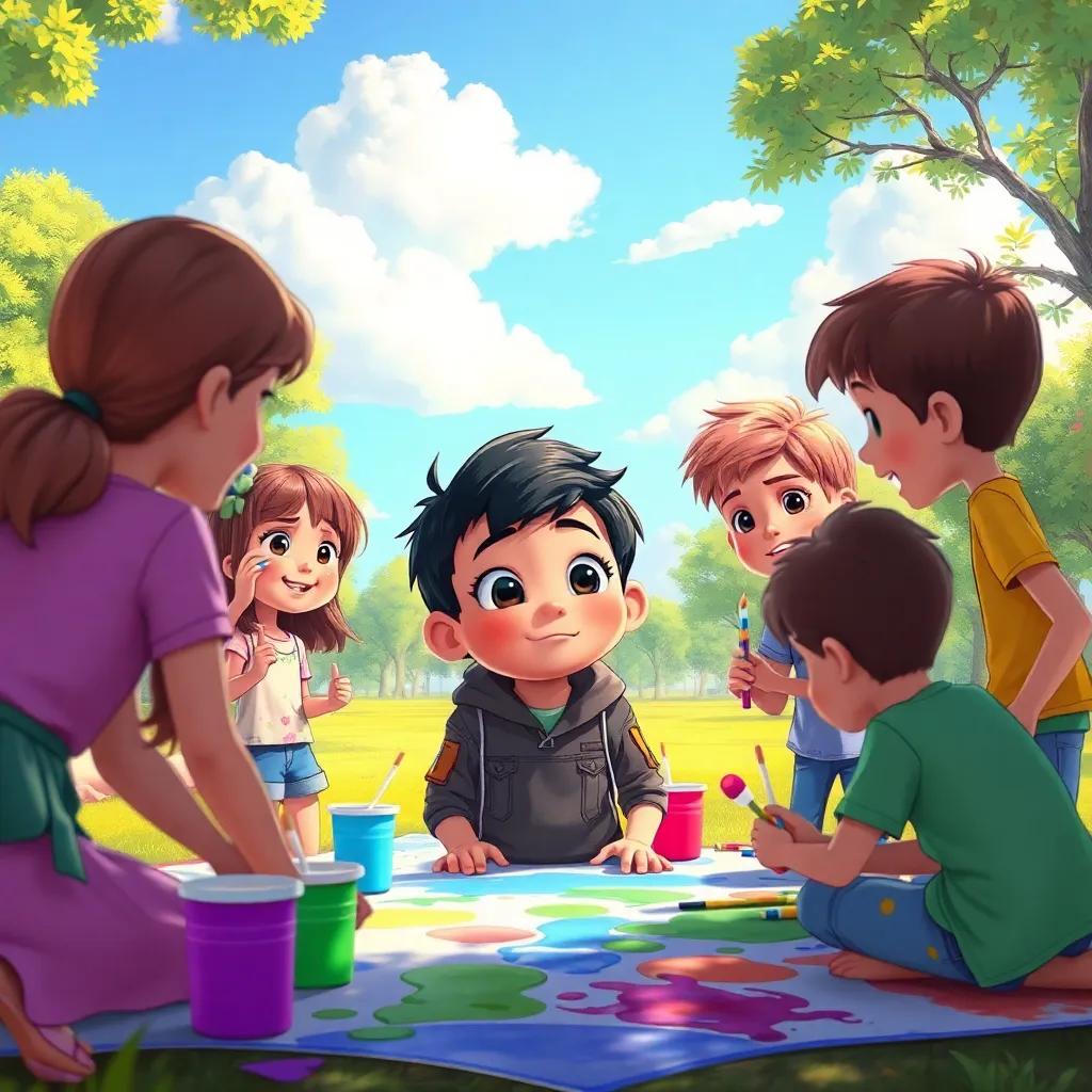 A beautiful park with children collaborating on an art project, a boy named Sami with old, worn-out colors feeling shy, other kids painting happily around him, bright blue sky and fluffy clouds, illustration, engaging and warm, high quality