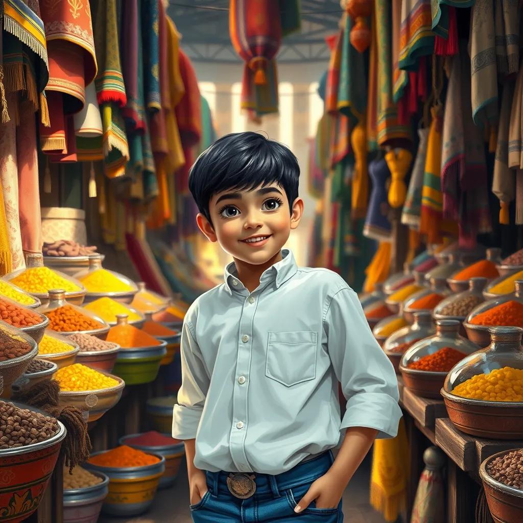 A young arab boy, Sami, with short black hair wearing a simple white shirt and blue jeans, exploring a vibrant traditional market filled with colorful fabrics and spices, excited expression, warm sunlight shining, digital art, friendly atmosphere, detailed scene