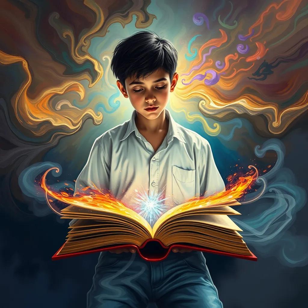 Sami, a young arab boy, with short black hair wearing a simple white shirt and blue jeans, opening an ancient book, colorful light bursting out from the pages, magical swirls emerging, surrounded by swirling mystical mist, digital painting, dynamic and enchanting