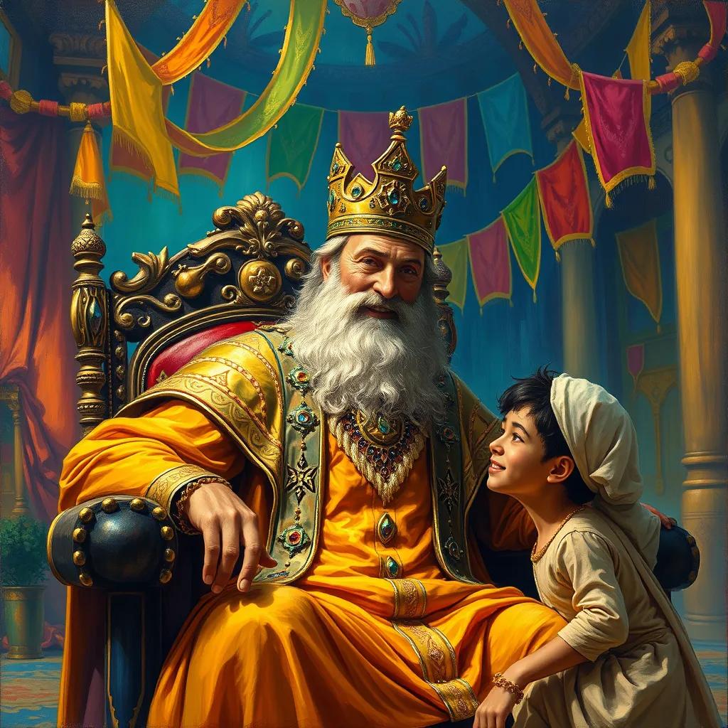 A wise king with a majestic beard, wearing a golden robe adorned with gems, sitting on a grand throne, smiling at Sami, a young arab boy, in a lush, vibrant palace room, colorful banners hanging, warm and inviting, magical atmosphere