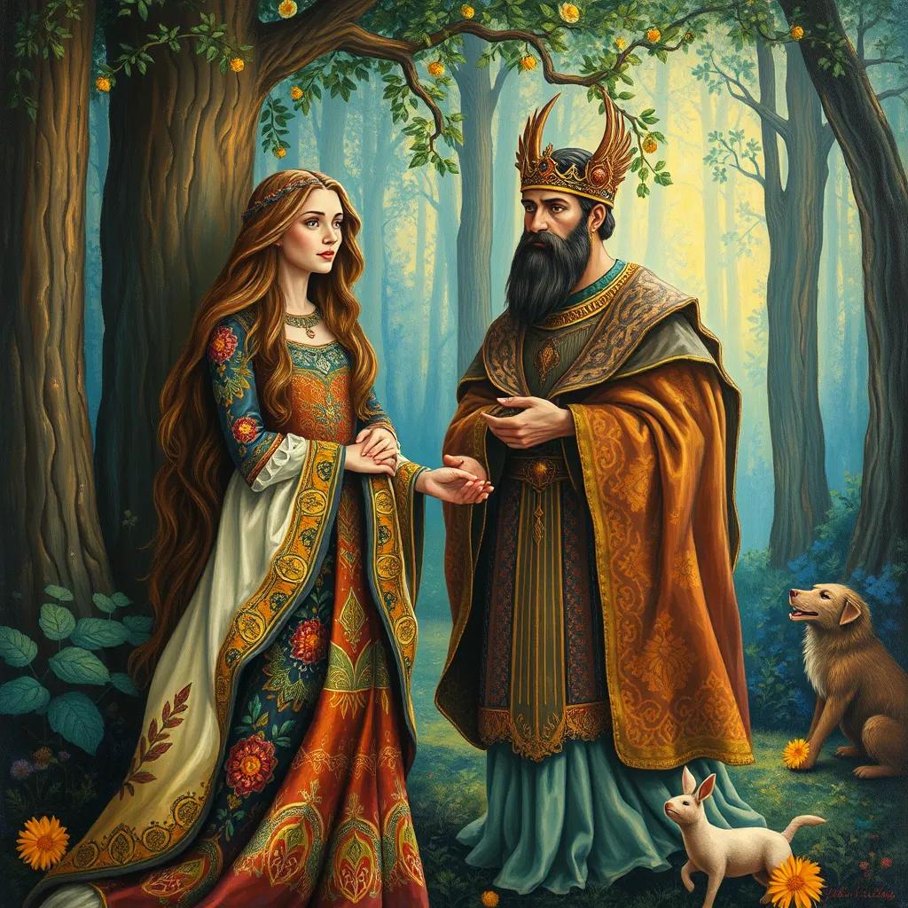 A gentle queen, of Middle Eastern descent, with long flowing hair dressed in a beautiful traditional gown with intricate patterns, standing beside the wise king, offering support to Sami, during their adventure in a magical forest, surrounded by mystical creatures, caring and uplifting atmosphere