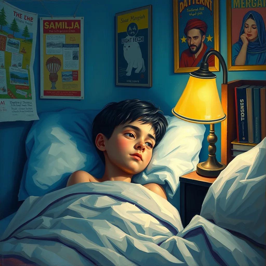 Sami, a young arab boy, with short black hair, lying peacefully in his bed, thinking about his adventure, a soft glow from a night lamp, framed by colorful posters and books in his room, quiet and cozy atmosphere, ready for sleep
