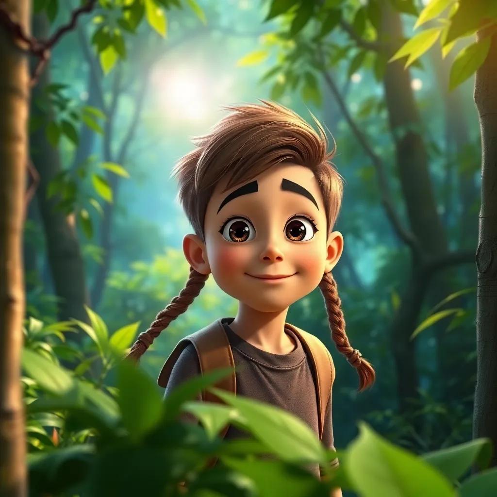 A young boy, Sami, with brown hair in braids, exploring a dense green forest, sun shining through the trees, curious expression, vibrant colors, cheerful atmosphere, high quality
