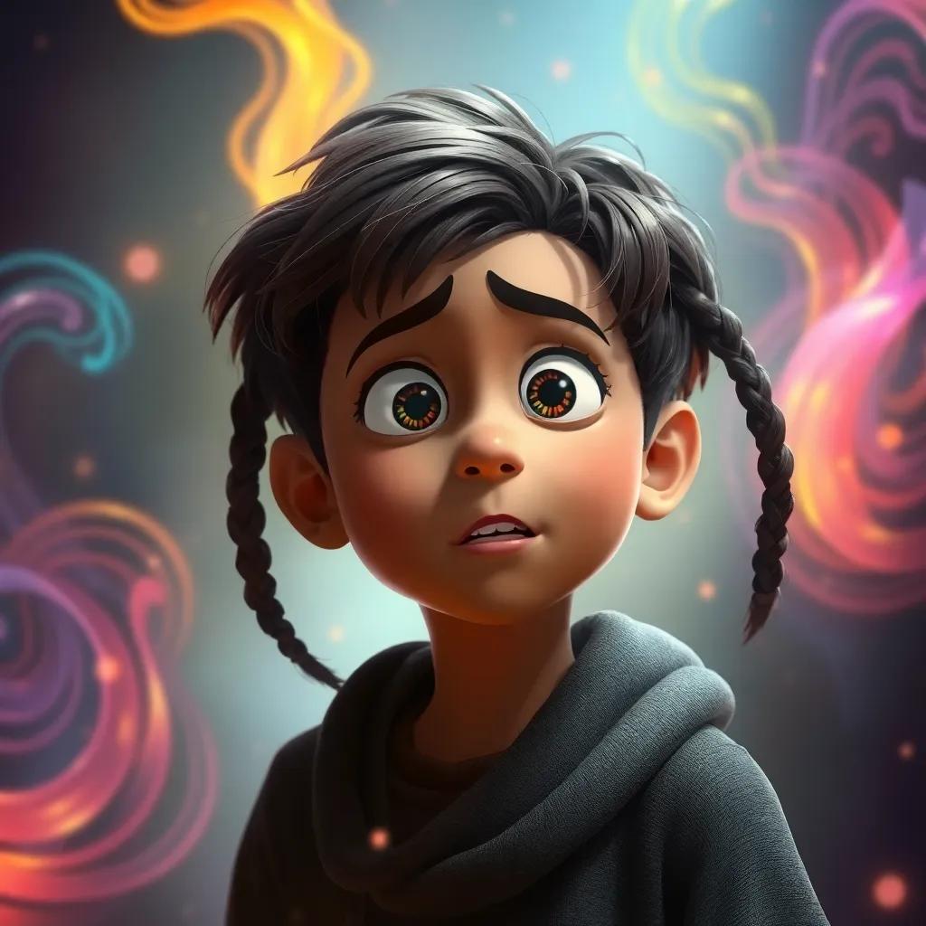 Sami, a young boy with brown hair in braids, looking confused and amazed in a magical dream-like scene, surrounded by swirling colors and shadows, mystical vibe, enchanting atmosphere, high quality