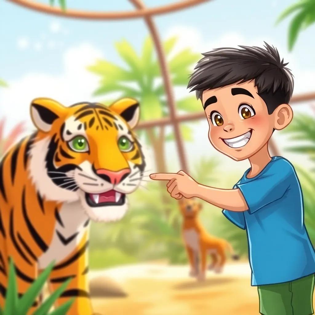 A young Arab boy, Sami, with short black hair, wearing a blue t-shirt and green shorts, smiling excitedly while pointing at a tiger in a zoo, bright sunny day, colorful zoo background, digital art, cheerful, vibrant colors, engaging atmosphere, high quality