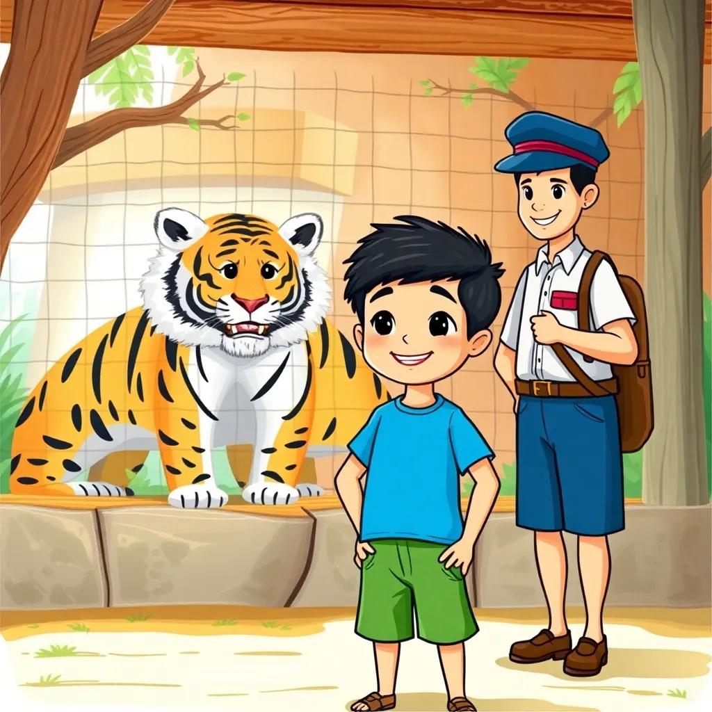 Sami, a young Arab boy with short black hair, wearing a blue t-shirt and green shorts, standing in front of a tiger enclosure with a zookeeper, learning about animals, colorful zoo setting, happy expressions, educational theme, warm light, engaging illustration.