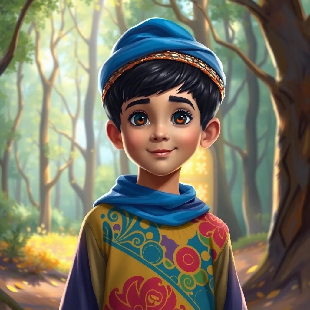 A young Arab boy, Sami, with short, black hair wearing a blue hat and colorful clothes, standing in a bright forest with a shimmering door among the trees, digital art, cheerful, vibrant colors, inviting atmosphere, high quality