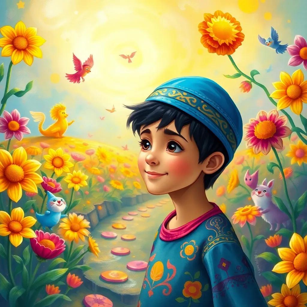 A young Arab boy, Sami, with short black hair wearing a blue hat and colorful clothes, entering a colorful dream world with talking flowers and dancing creatures, surrounded by vivid colors and magic, illustration, joyful, enchanted atmosphere, child-friendly