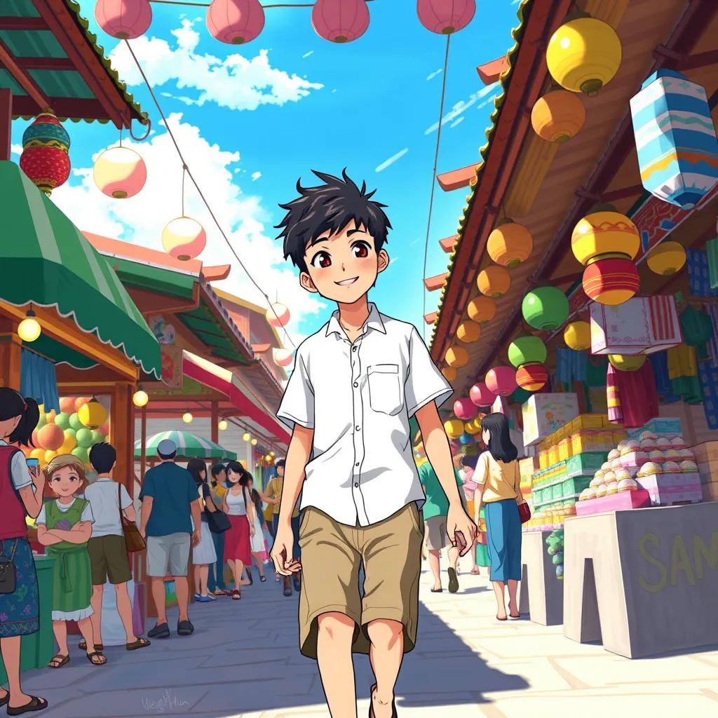 A young boy named Sami, wearing a simple white shirt and beige shorts, walking through a vibrant traditional market with colorful stalls and excited people around, under a bright blue sky, digital art, detailed, cheerful atmosphere